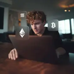 Młody mężczyzna przy laptopie, otoczony ikonami kryptowalut, uczy się, jak zacząć inwestować w Bitcoin i Ethereum.